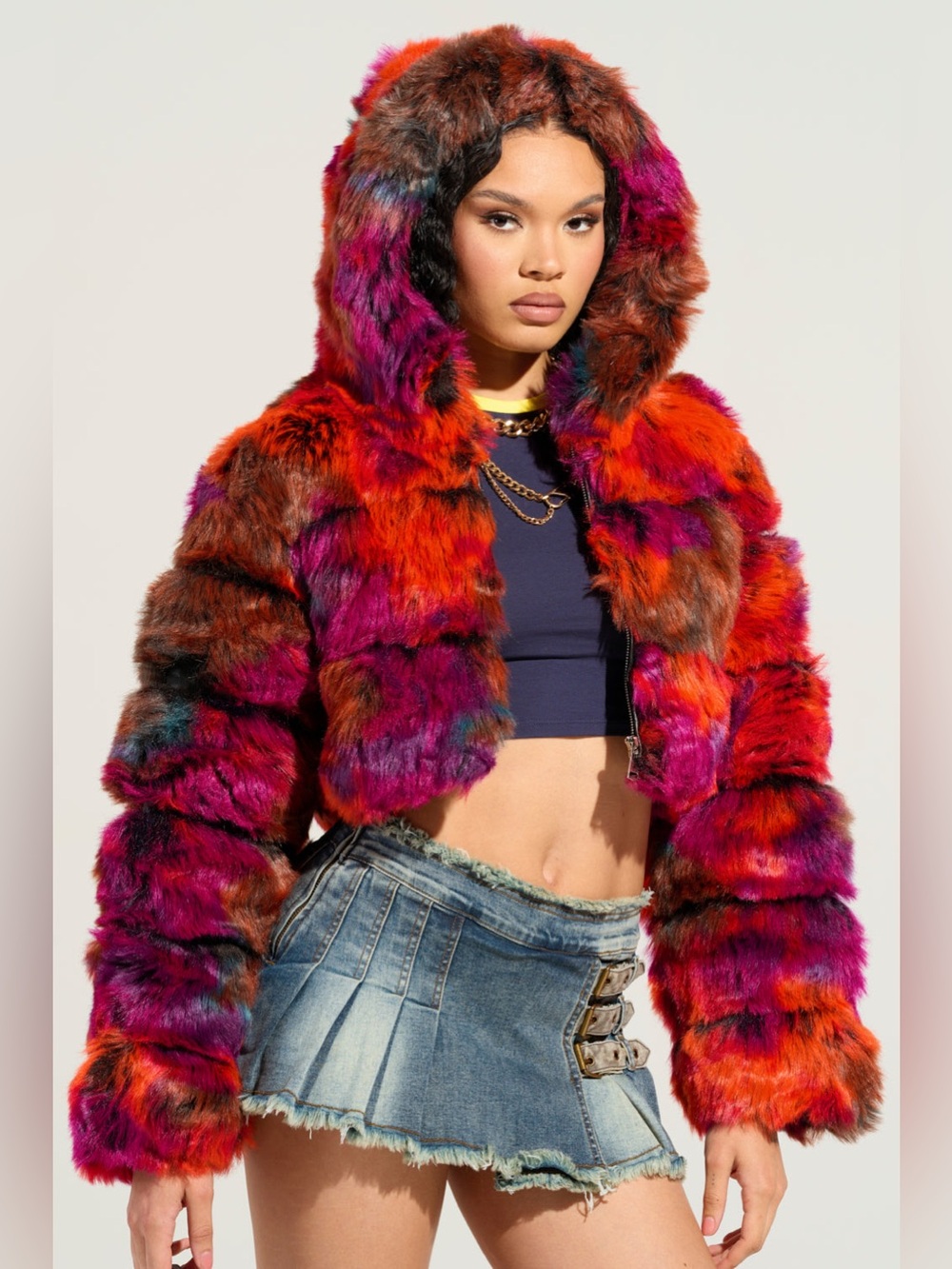 AKIRA Multicolor Faux Fur Hooded Crop Jacket in Red and Purple Tones